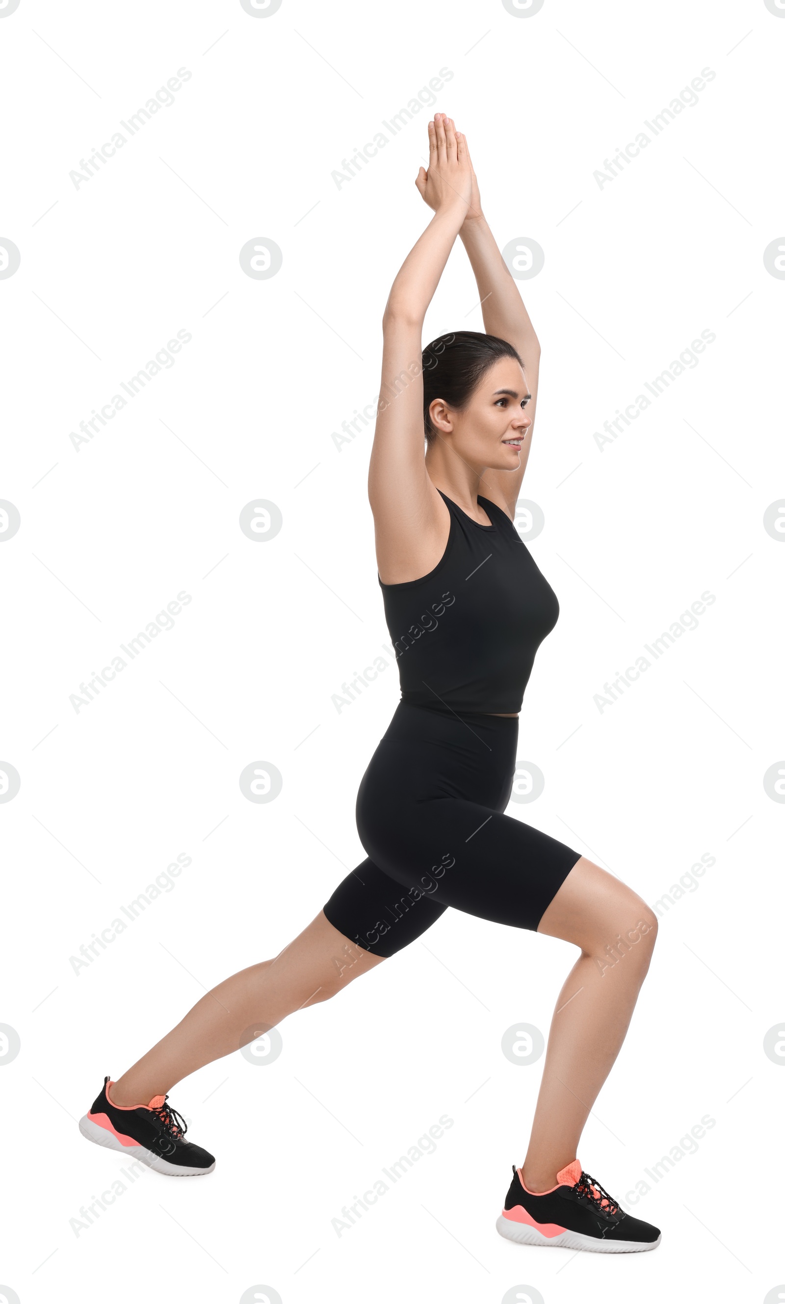 Photo of Woman doing morning exercise on white background