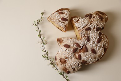 Photo of Delicious cut Italian Easter dove cake (traditional Colomba di Pasqua) and flowering branch on beige table, flat lay. Space for text