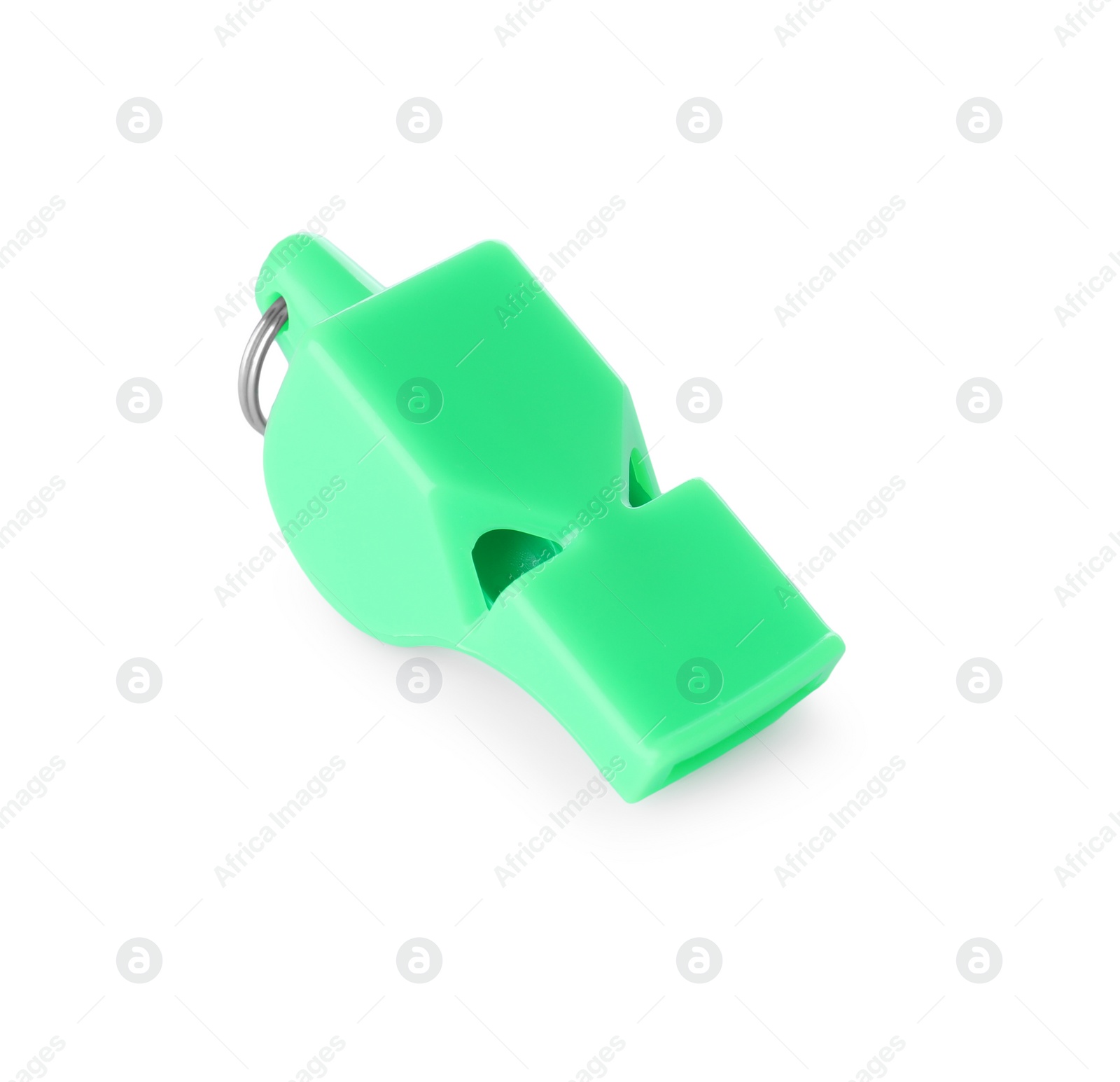 Photo of One green plastic whistle isolated on white