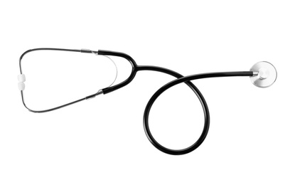 Photo of Stethoscope on white background, top view. Medical device