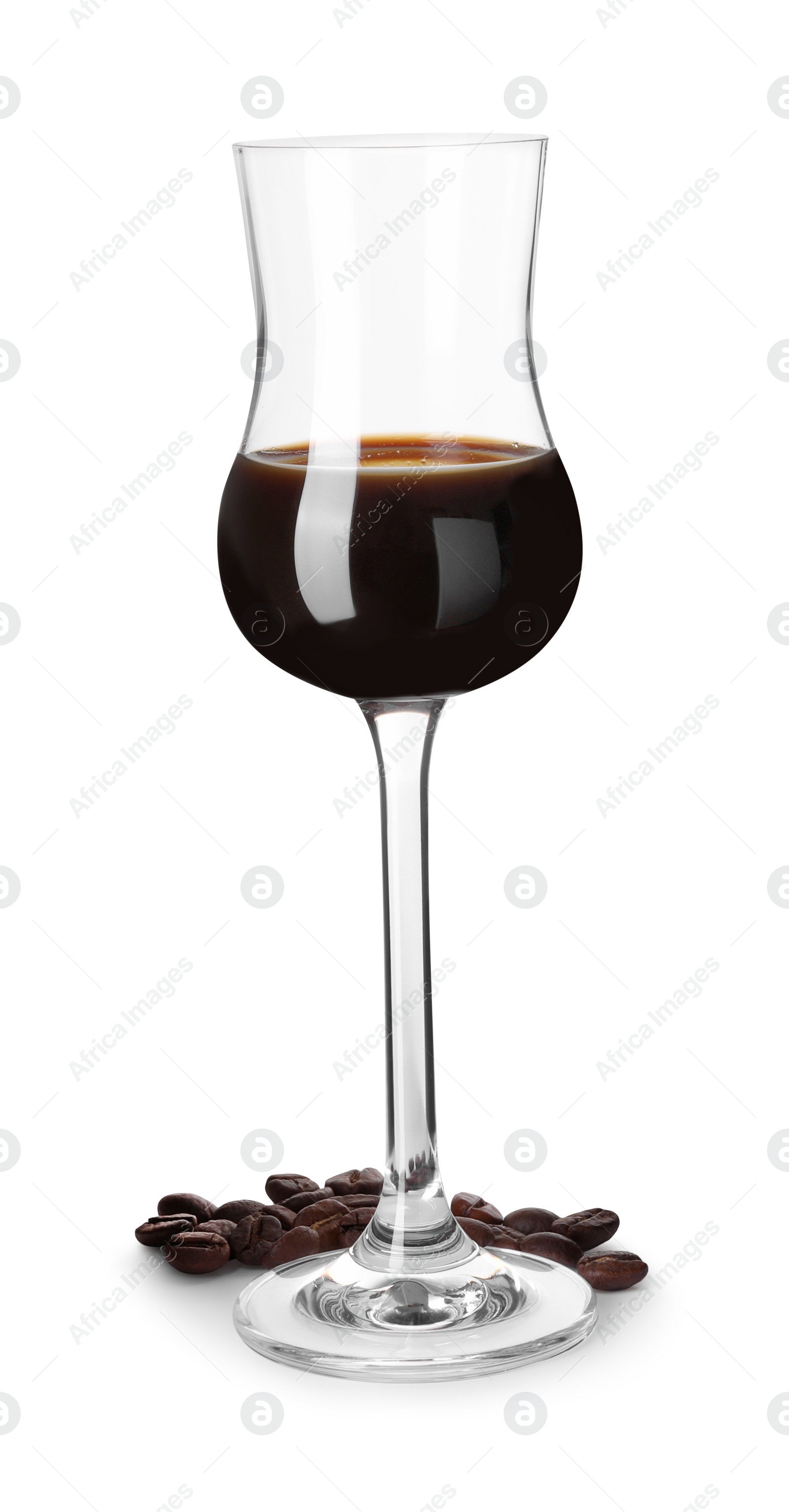 Photo of Shot glass with coffee liqueur and beans isolated on white