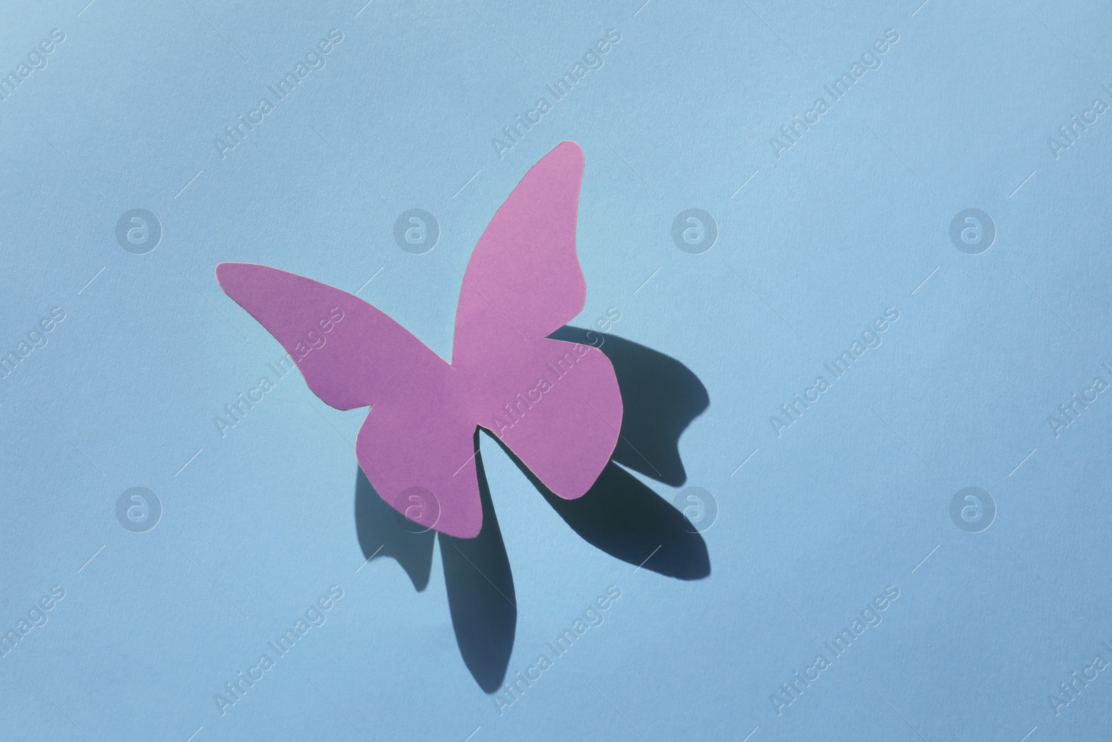Image of Bright pink paper butterfly on light blue background