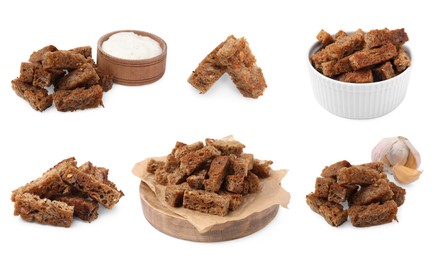 Collage with tasty rye croutons on white background