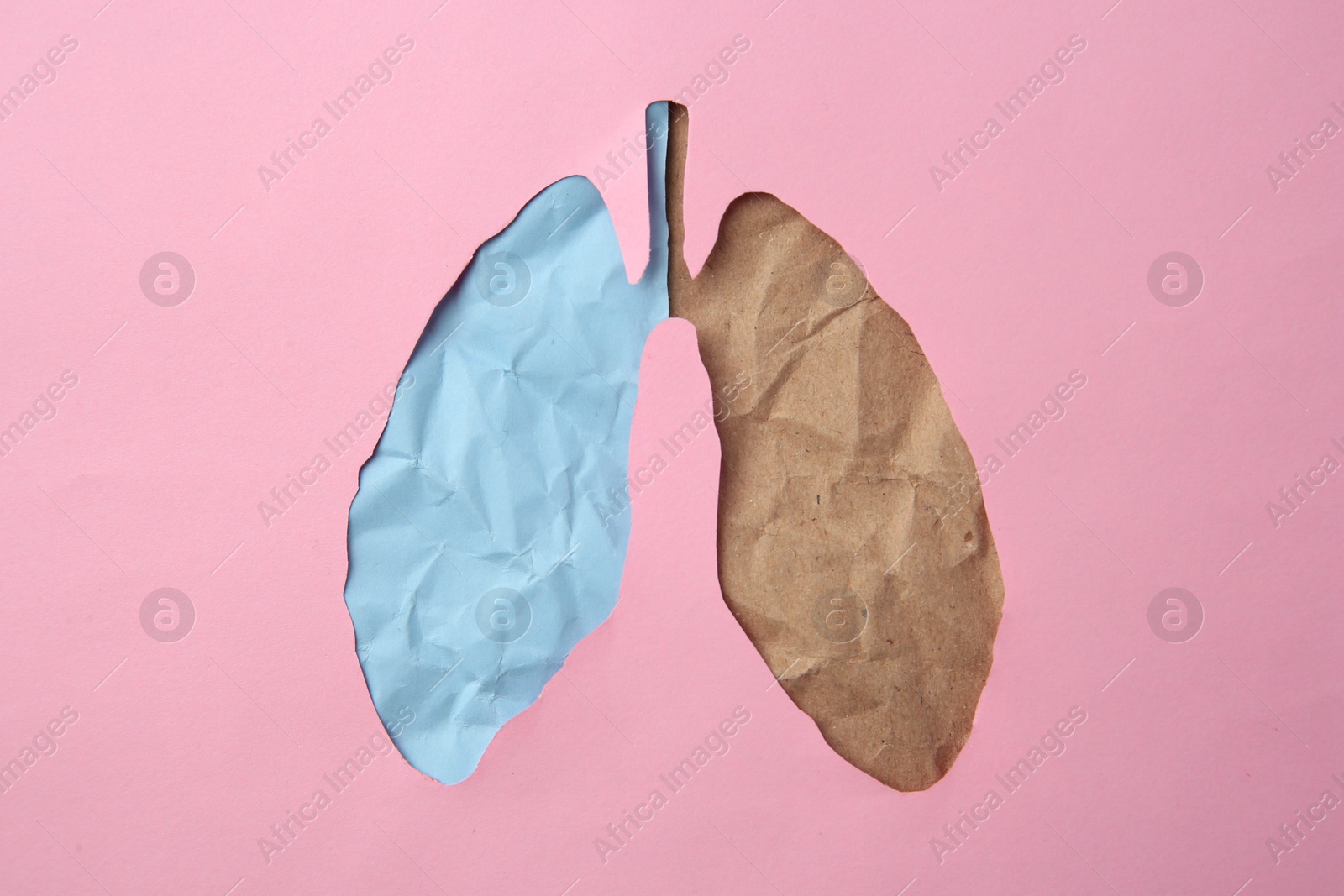 Photo of Pink paper with cutout in shape of human lungs, top view. Influence of unhealthy lifestyle