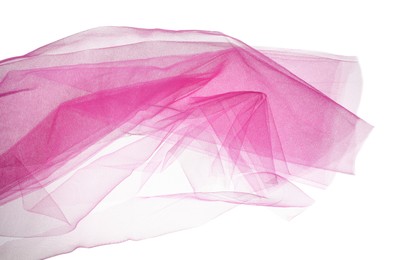 Photo of Beautiful pink tulle fabric on white background
