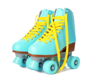 Photo of Pair of bright stylish roller skates on white background