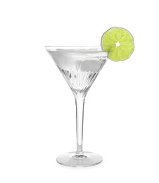Photo of Martini glass of refreshing cocktail with lime and ice cubes isolated on white