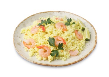 Photo of Delicious risotto with shrimps, lime and parsley isolated on white