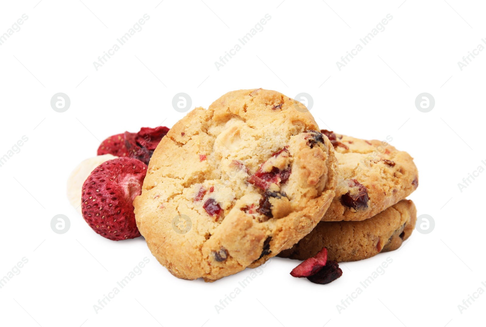 Cookies and freeze dried fruits isolated on white Photo of Cookies and freeze dried fruits isolated on white