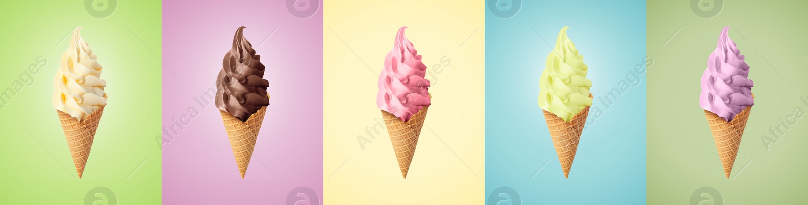 Image of Set of different delicious soft serve ice creams in crispy cones on pastel color backgrounds