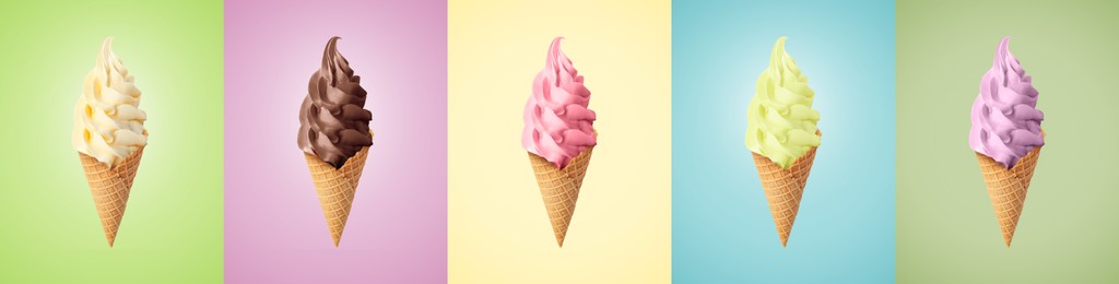 Set of different delicious soft serve ice creams in crispy cones on pastel color backgrounds