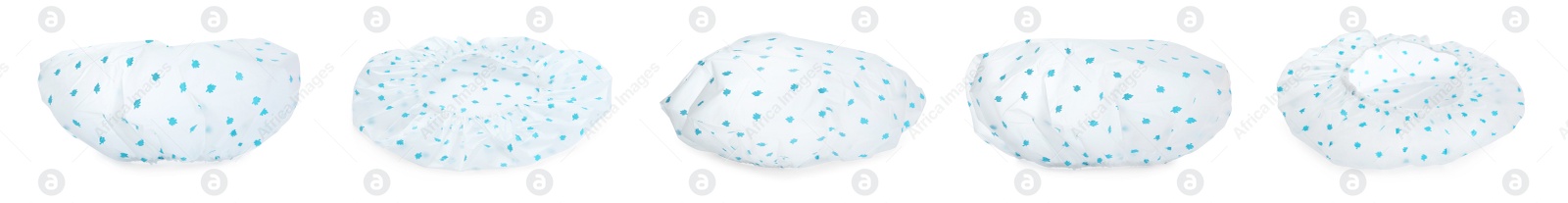 Image of Set with waterproof shower caps on white background. Banner design