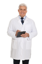 Photo of Happy senior man in lab coat with clipboard on white background