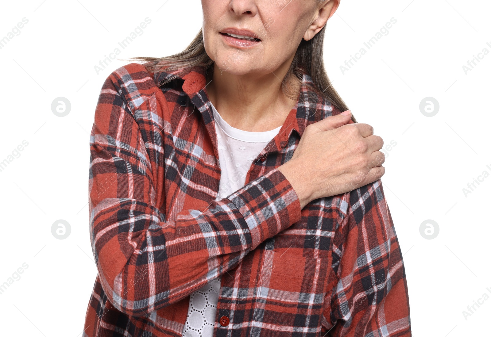 Photo of Arthritis symptoms. Woman suffering from pain in shoulder on white background, closeup