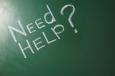 Phrase "Need help?" written on green chalkboard. Space for text