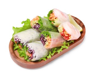 Tasty spring rolls served with lettuce and lime on white background