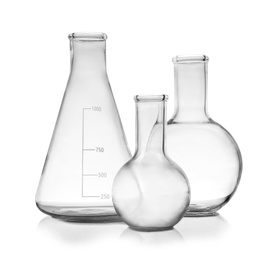 Set of empty laboratory glassware on white background