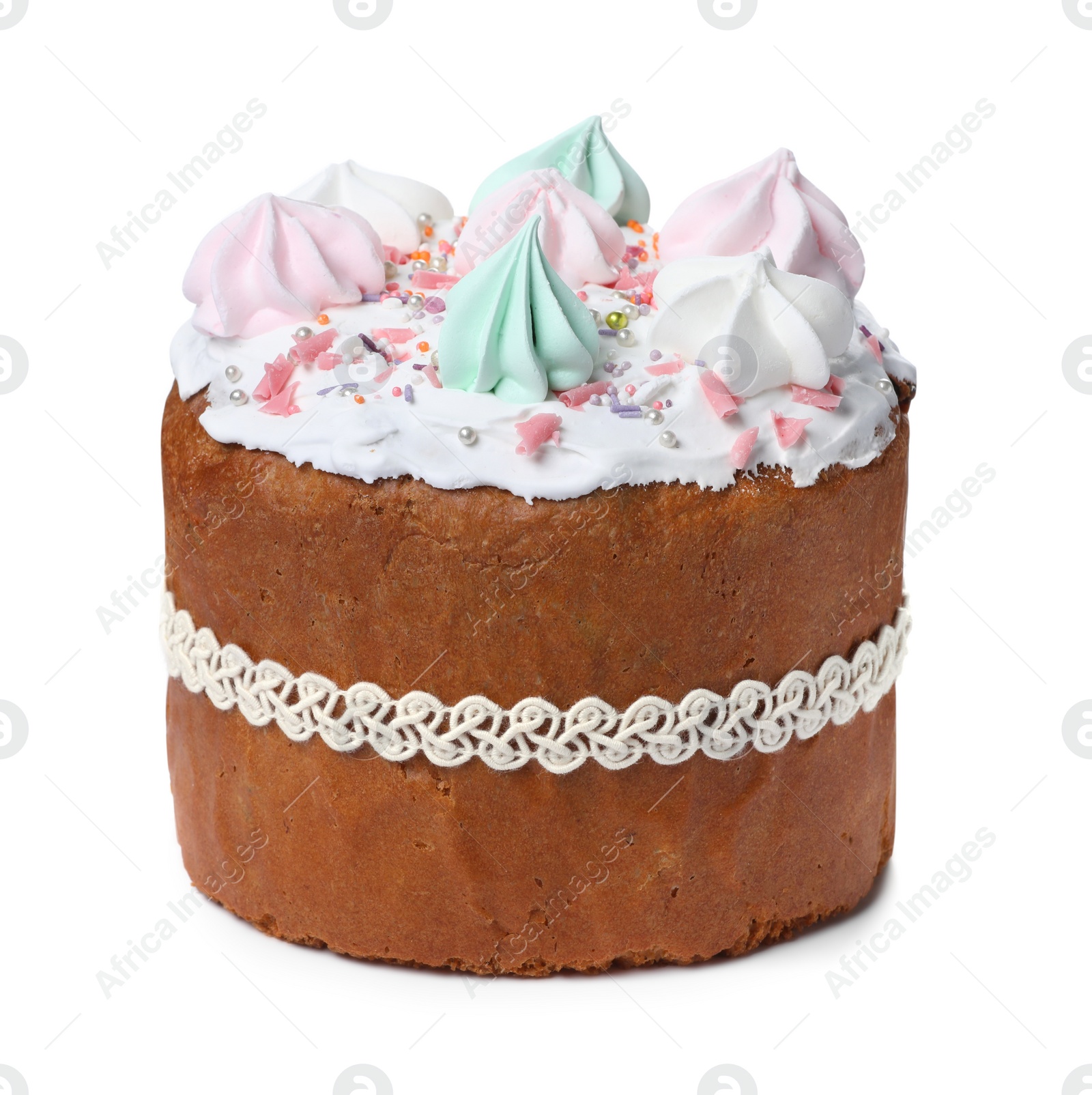 Photo of Traditional Easter cake with meringues on white background