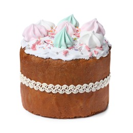 Photo of Traditional Easter cake with meringues on white background