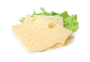Photo of Slices of tasty fresh cheese and lettuce isolated on white