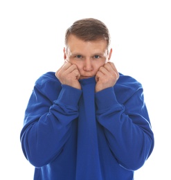 Man suffering from cold on white background