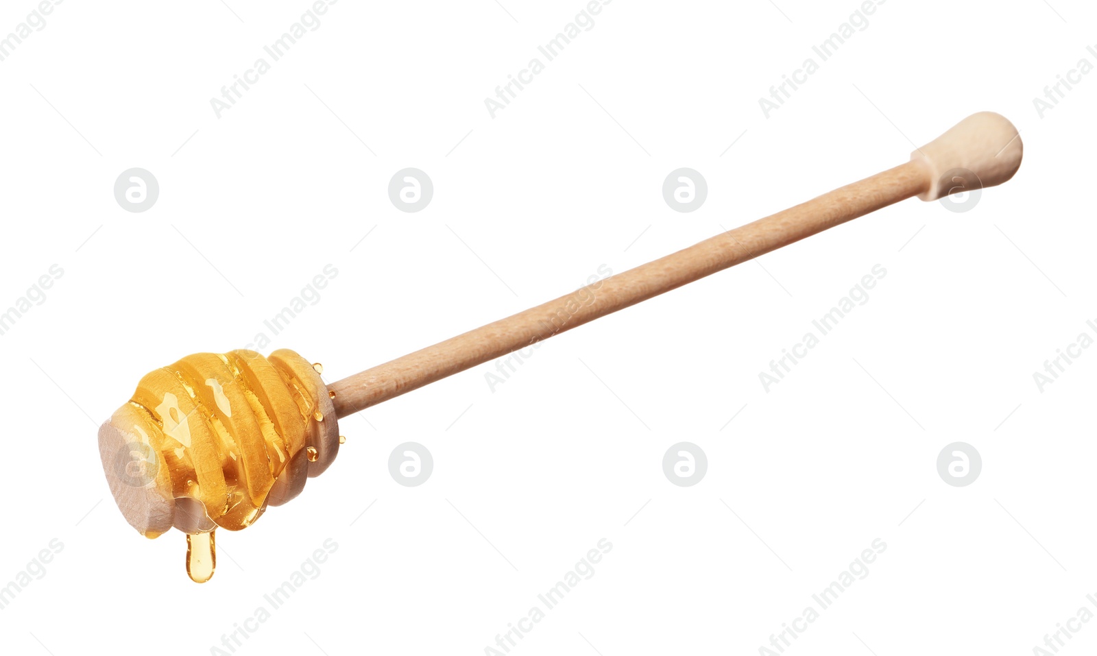 Photo of Natural honey dripping from dipper on white background