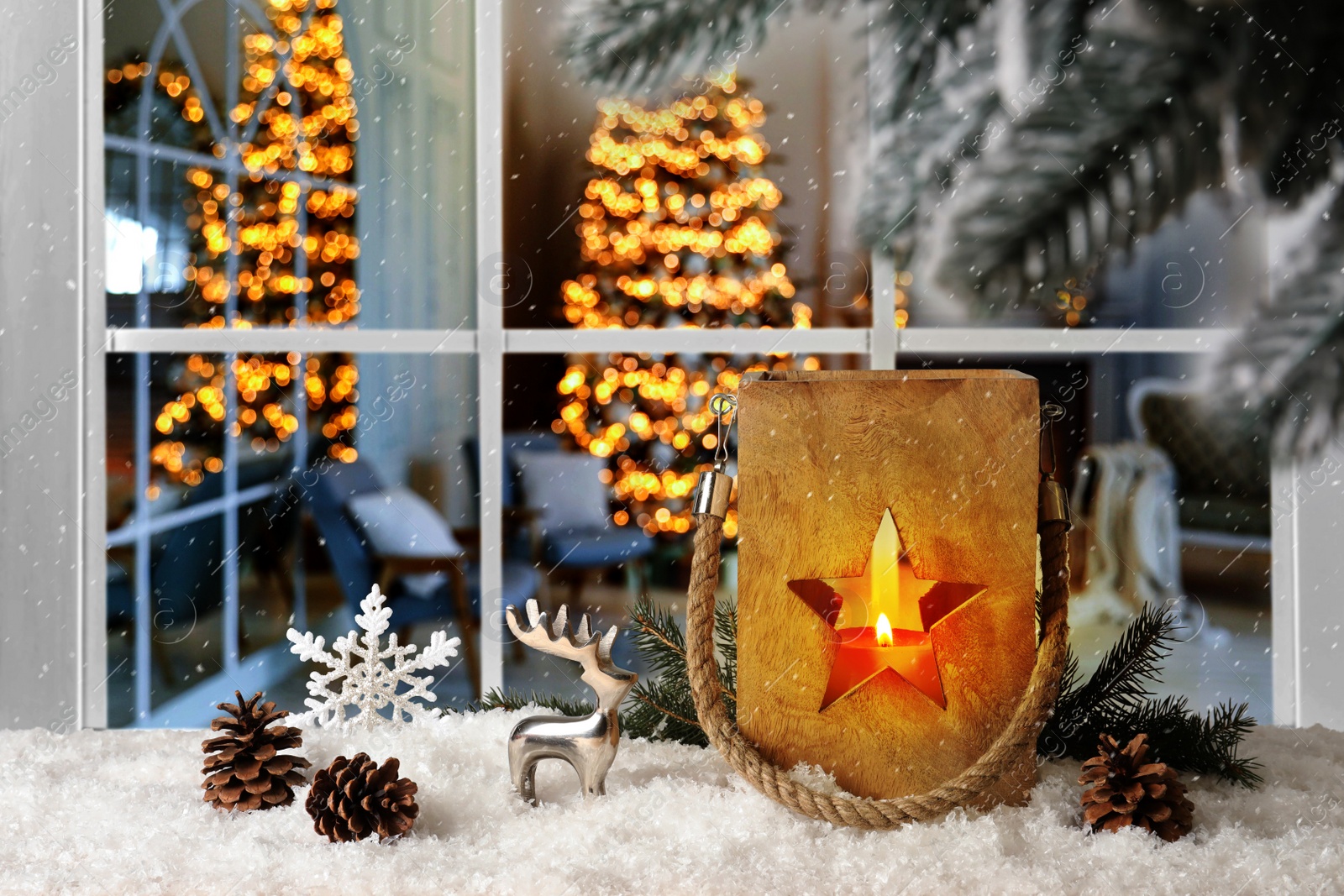 Image of Beautiful composition with wooden Christmas lantern near window