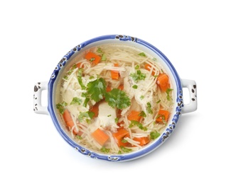 Photo of Dish with fresh homemade chicken soup on white background, top view