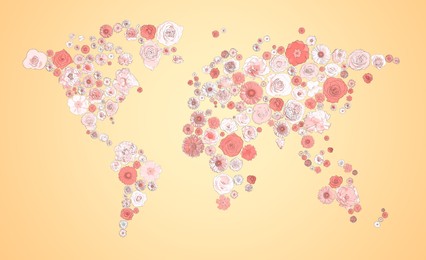 Image of World map made of beautiful flowers on pale orange background, banner design