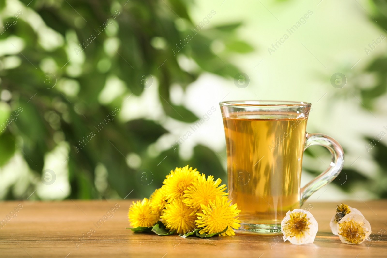 Photo of Delicious fresh tea, dandelion flowers and ice cubes on wooden table against blurred background. Space for text