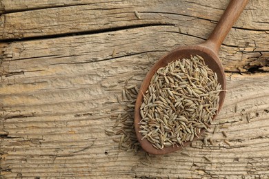 Photo of Spoon with caraway seeds on wooden table, top view. Space for text