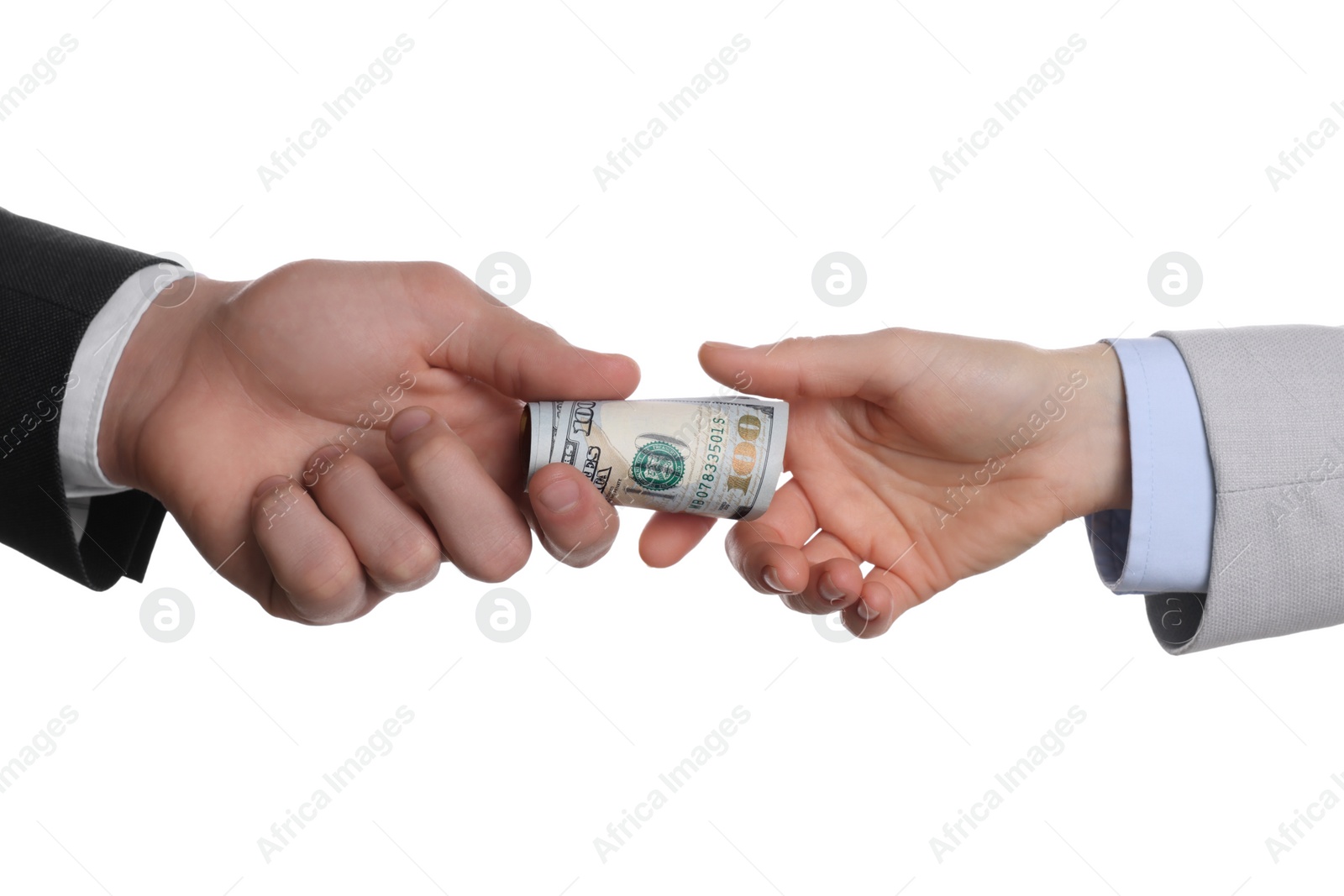 Photo of Money exchange. Man giving dollar banknotes to woman on white background, closeup