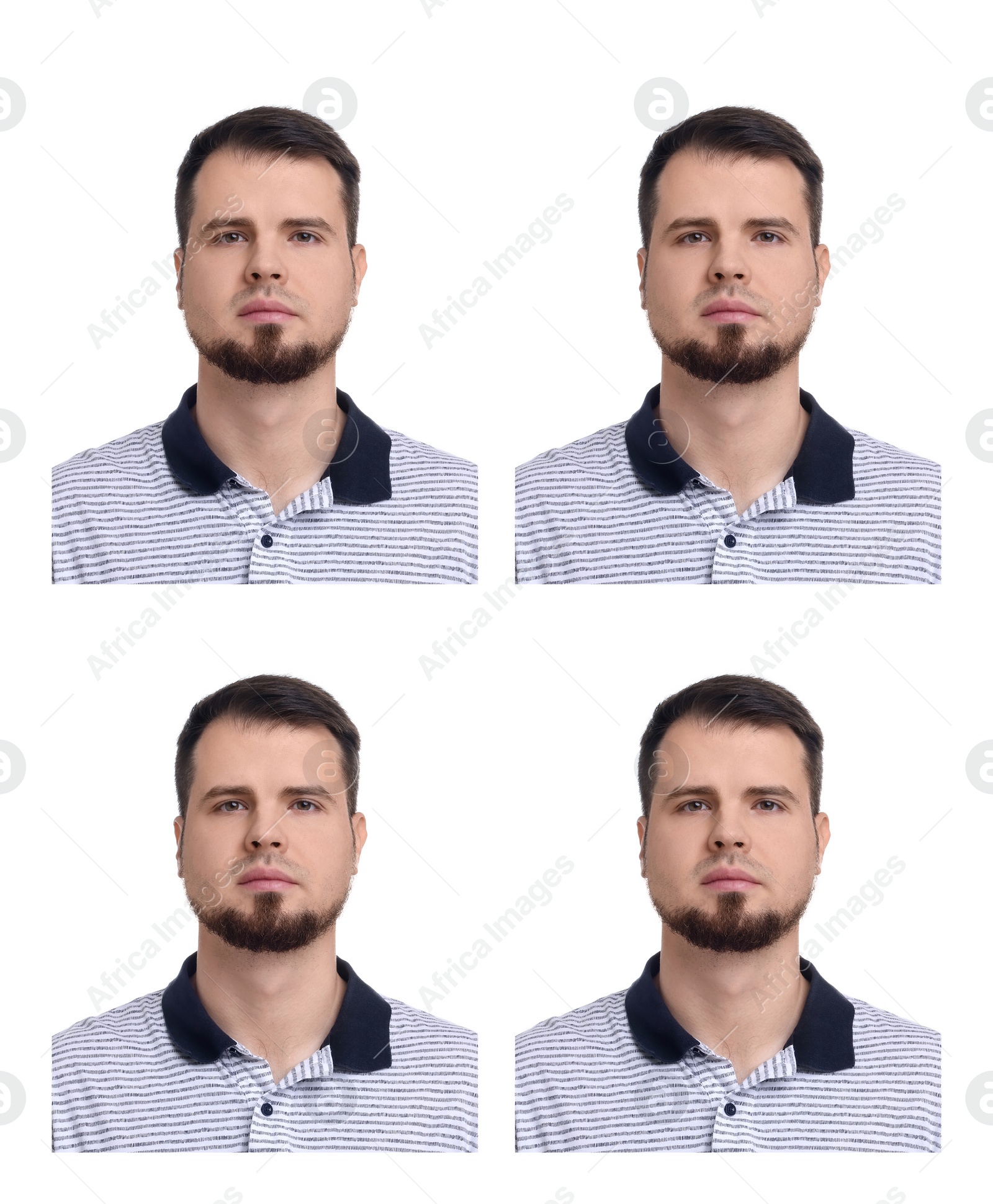 Image of Passport photo, collage. Man on white background, set of photos