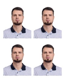 Passport photo, collage. Man on white background, set of photos