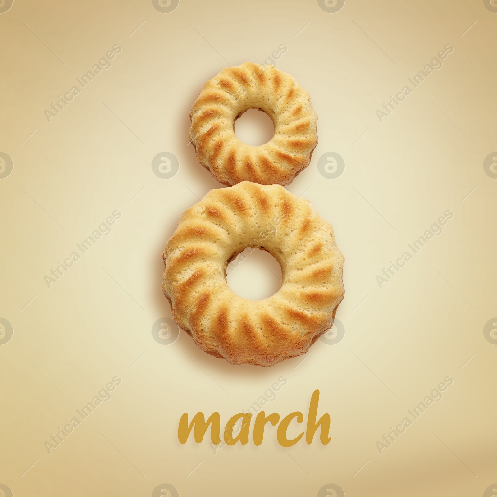 Image of 8 March - Happy International Women's Day. Card design with shape of number eight made of desserts on beige background, top view