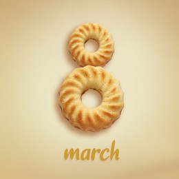 Image of 8 March - Happy International Women's Day. Card design with shape of number eight made of desserts on beige background, top view
