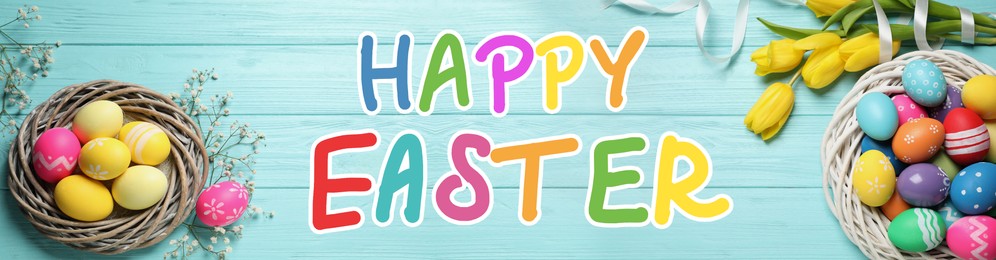 Image of Happy Easter. Flat lay composition with colorful eggs and tulip flowers on light blue wooden background