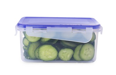 Photo of Plastic container with fresh cut cucumbers isolated on white