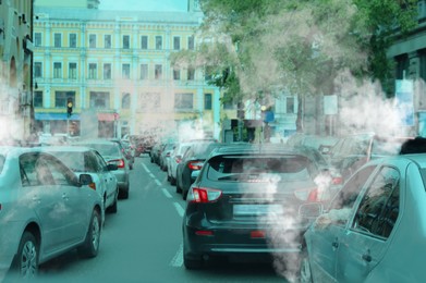 Image of Environmental pollution. Air contaminated with fumes in city. Cars surrounded by exhaust on road