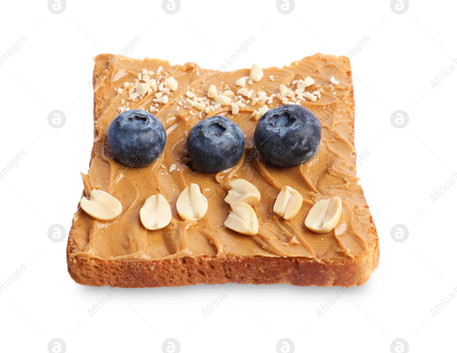 Photo of Toast with tasty nut butter, blueberries and nuts isolated on white