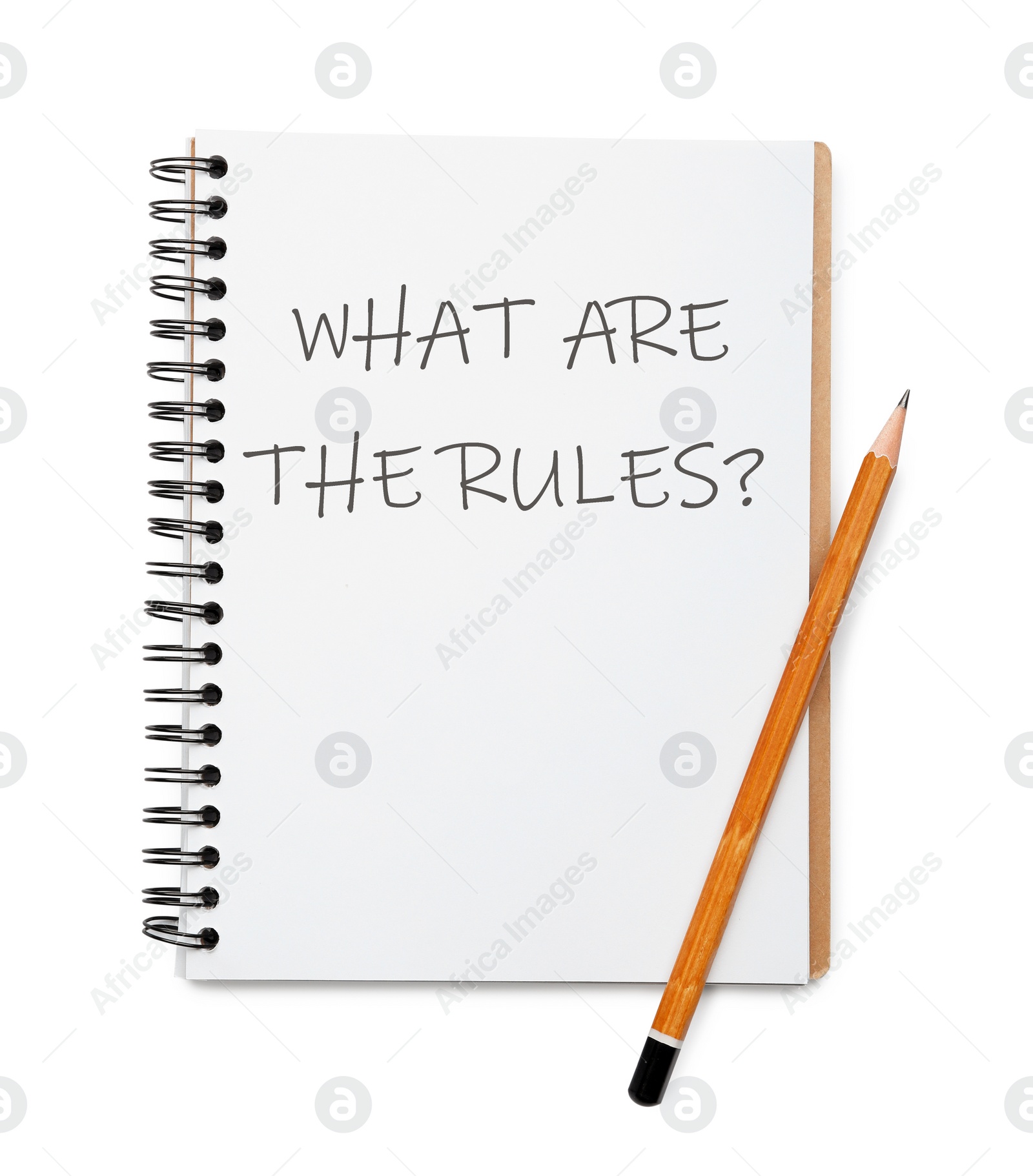 Image of Notebook with text WHAT ARE THE RULES? and pencil on white background, top view