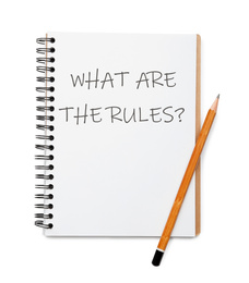 Image of Notebook with text WHAT ARE THE RULES? and pencil on white background, top view