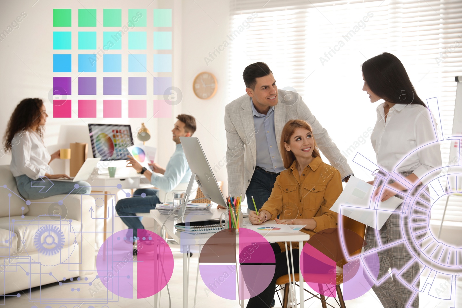 Image of Team of professional designers working in office and colorful graphs illustration