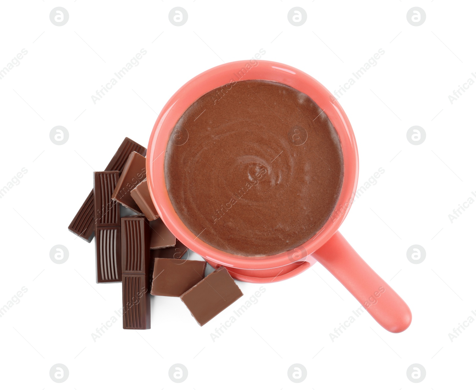 Photo of Fondue pot with melted chocolate and pieces of chocolate bar isolated on white, top view