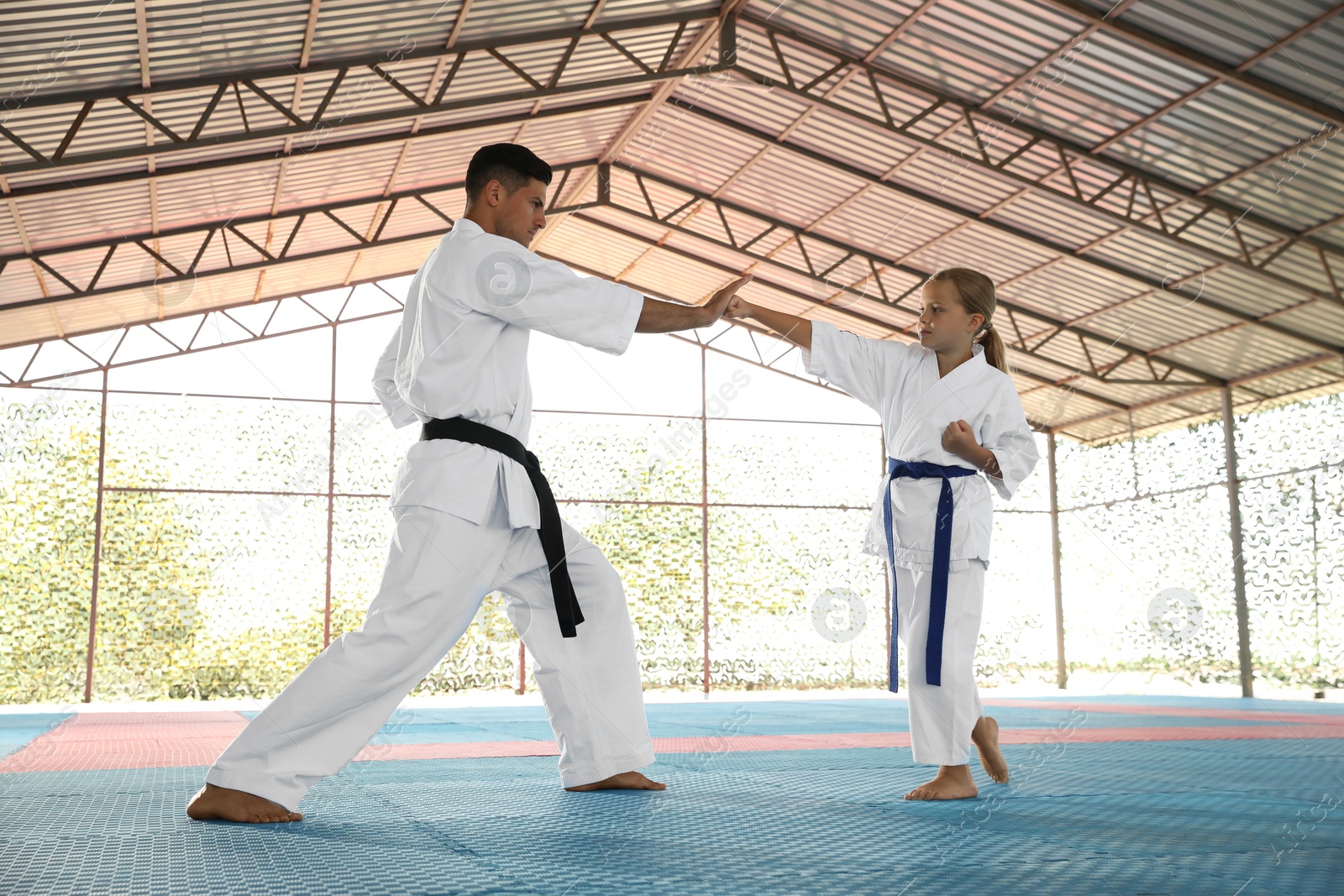 Photo of Girl practicing karate with coach on tatami outdoors