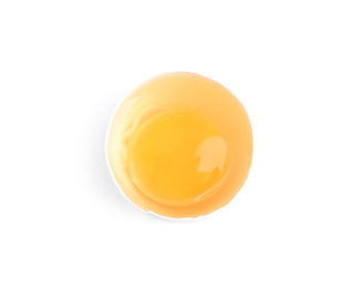 Broken raw chicken egg isolated on white, top view