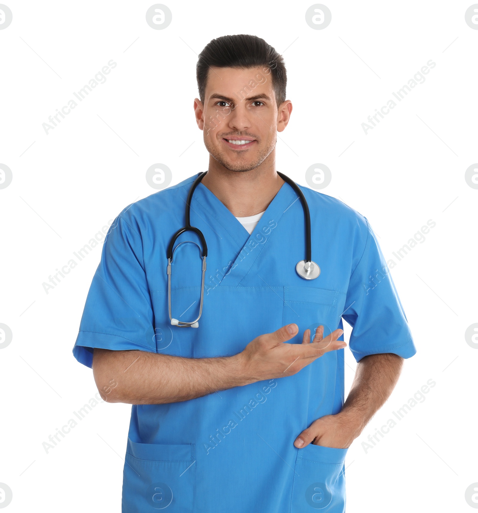 Photo of Portrait of doctor with stethoscope on white background