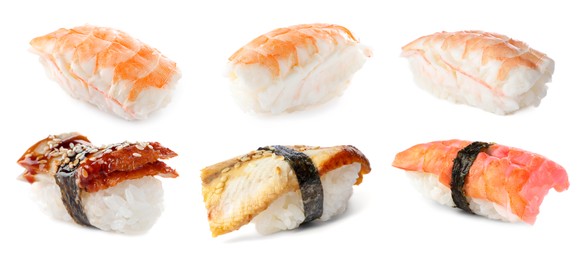 Image of Set of nigiri sushi with shrimp and smoked eel on white background