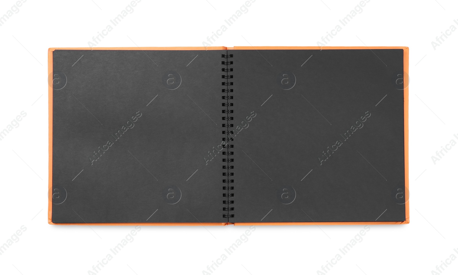 Photo of Open photo album with black pages isolated on white, top view. Space for text