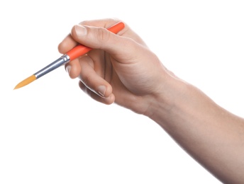 Man holding paint brush on white background, closeup